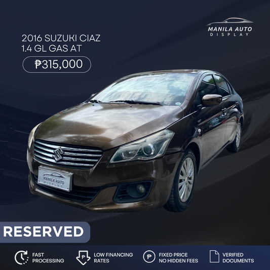 2016 SUZUKI CIAZ 1.4GL GAS AUTOMATIC TRANSMISSION
